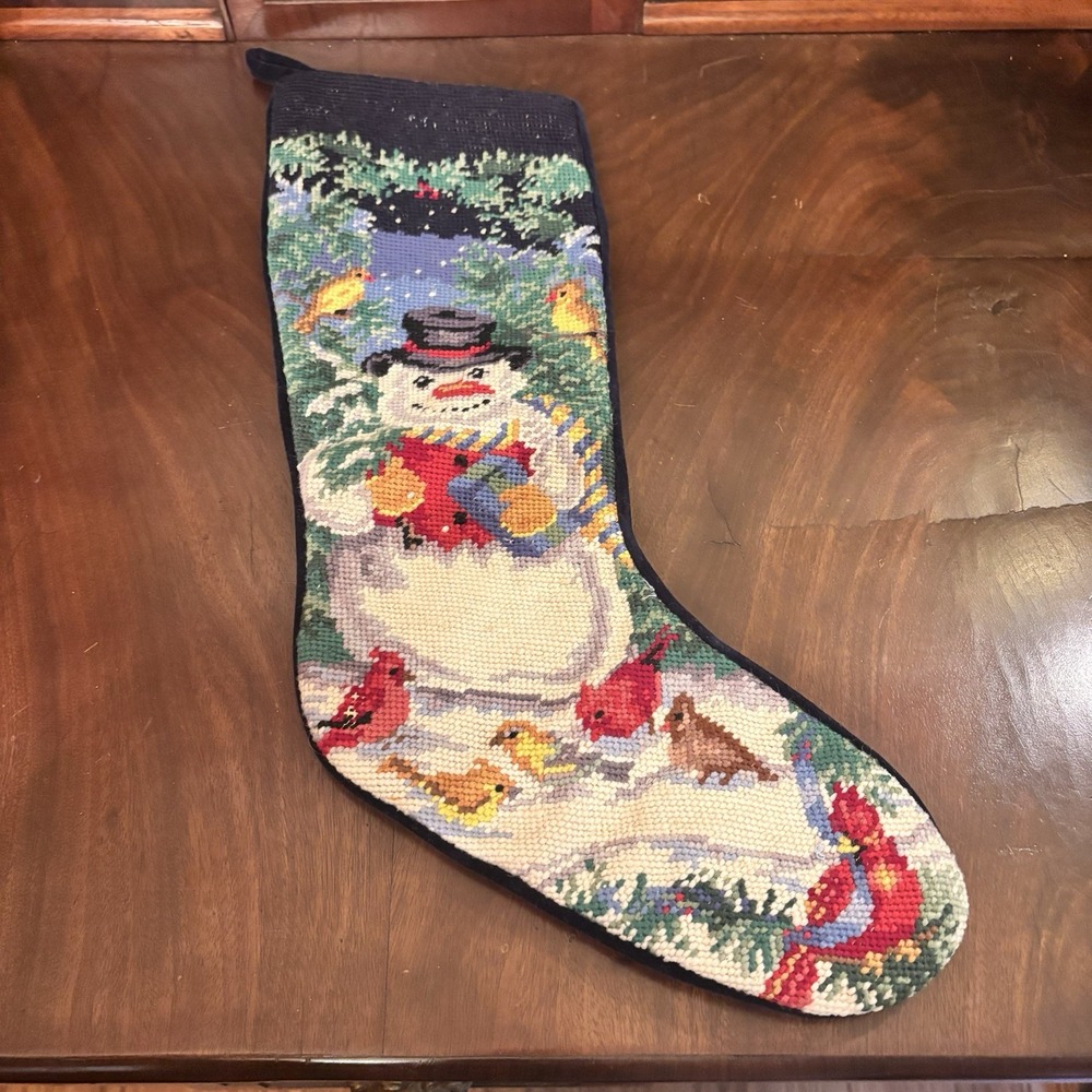 Lands End Needlepoint Christmas Stocking Snowman Cardinals Wool Velvet Holiday